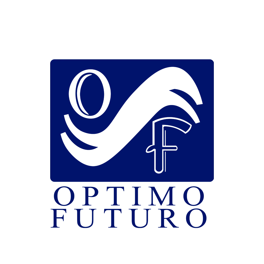 Logo de la empresa Optimo Futuro. Una letra O y una letra F dentro de una caja con un ala de angel entre meedio.